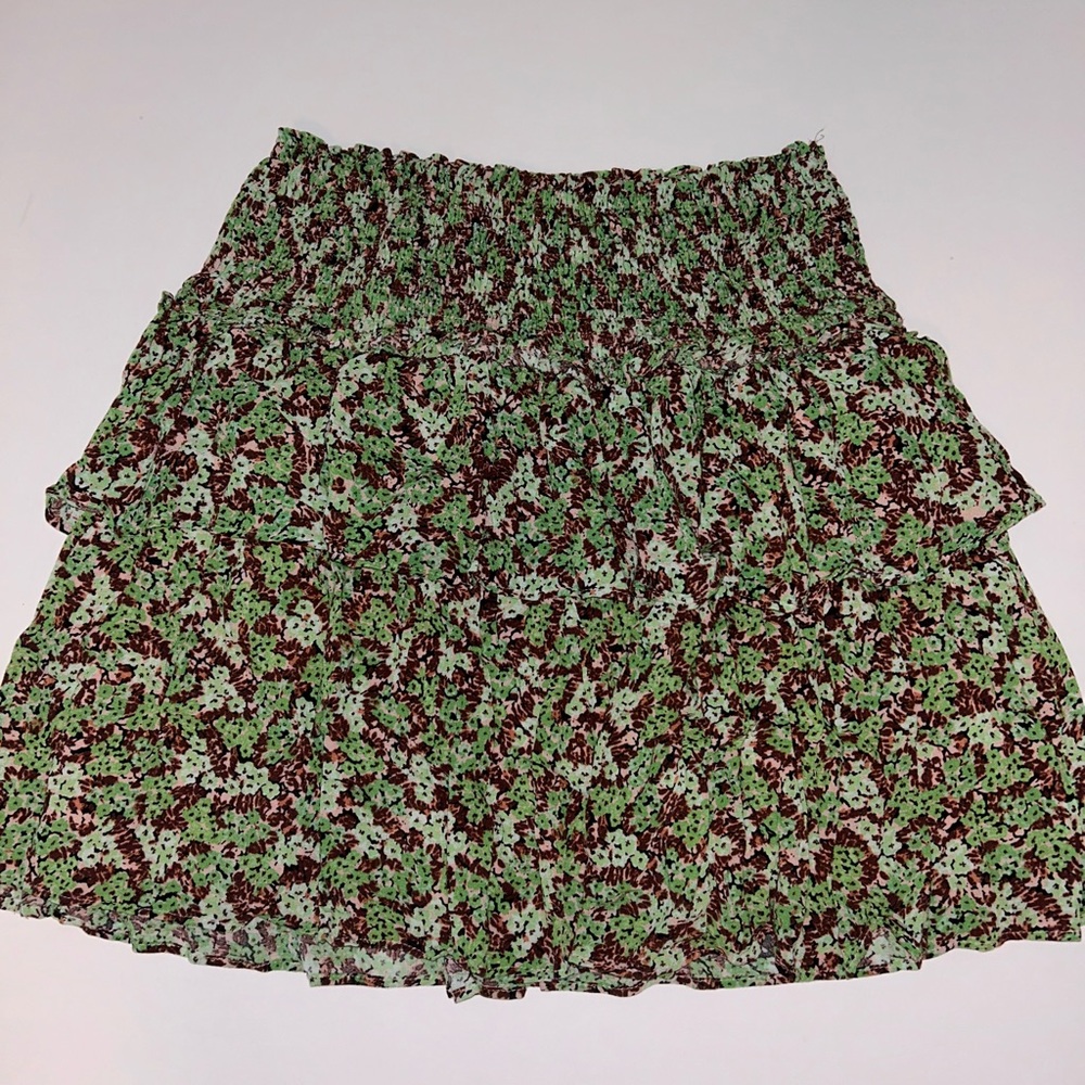 Anthropologie tiered brown, green floral ruched waist mini skirt sz‎ XS Petite